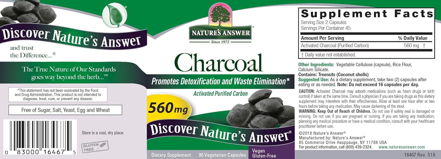 Nature's Answer Activated Charcoal Vegetarian Capsules | Naturally Promotes Detoxification & Waste Elimination | Vegan, Gluten-Free, Alcohol-Free & No Preservatives 90ct.: Health & Personal Care
