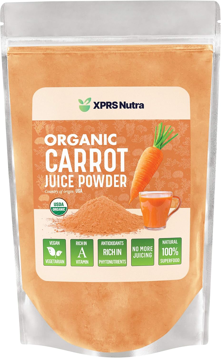 XPRS Nutra Organic Carrot Juice Powder - Pure Carrot Powder Organic from The USA - Ideal for Juice and Smoothie - High in Vitamin A, Phytonutrients and Antioxidants - USDA Organic and Non-GMO (16 oz)