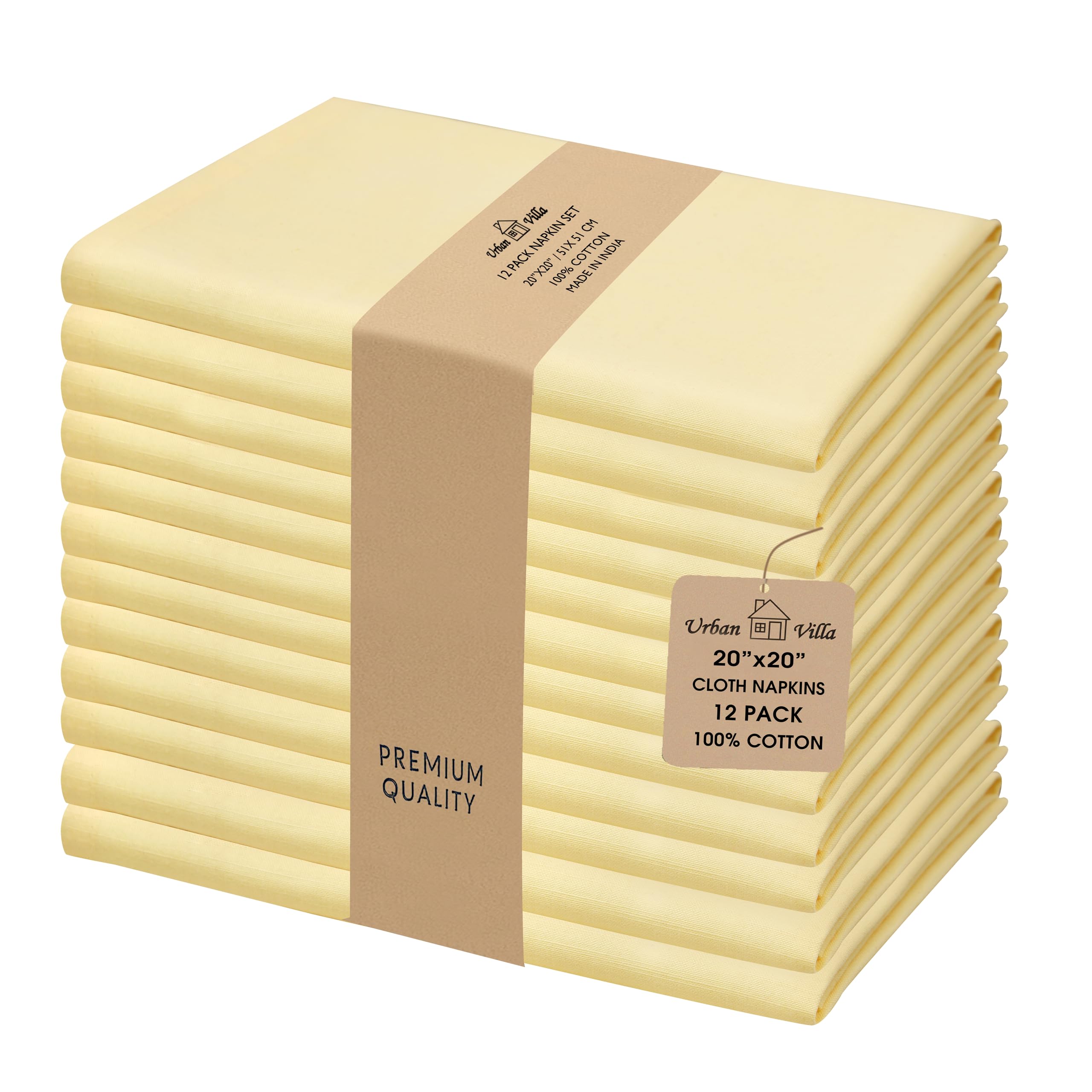 Urban Villa Cloth Napkins Yellow Dinner Napkins Set of 12 (20X20) 100% Cotton Absorbent Washable Durable Reusable Cloth Napkins Ideal for Easter Decorations Hotel Collection Farmhouse Parties Napkins Image