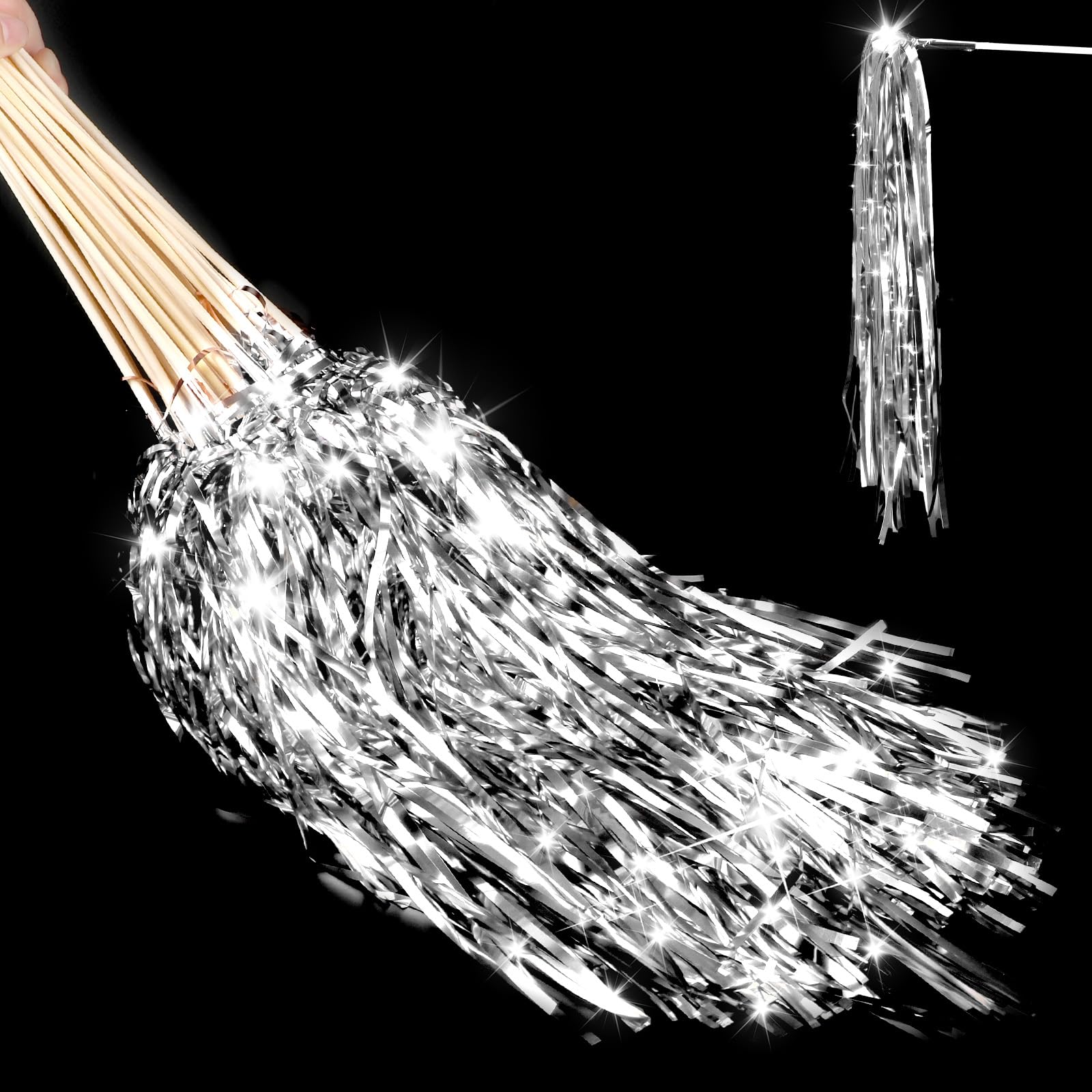 Photo 1 of TBOLLY 100 pcs Wedding Wands Light up with LED Tinsel Wedding Streamers for Wedding Send off and Greeting Ideal Props for Weddings, Birthday Parties, Christmas Cheerleading Games (Silver)