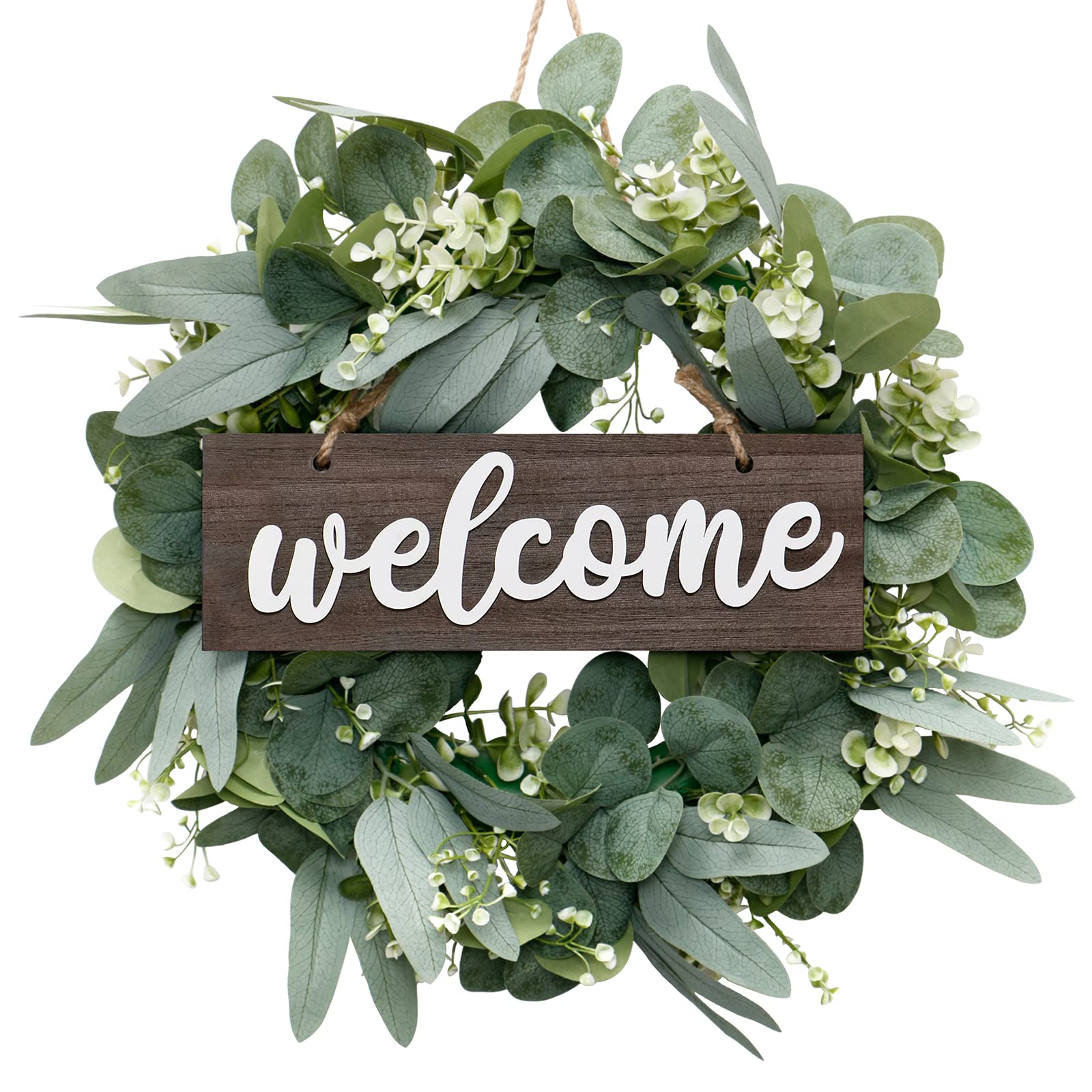 LOMOHOO Eucalyptus Leaves Wreath for Front Door-18inches Farmhouse Wreath with Welcome Sign Festival Ornaments Home Decor |Spring Summer Decorating for Home Window Outdoor Use
