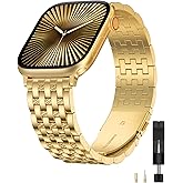 W-RARA Dual-Tone Metal Dressy Band Compatible with Apple Watch Band 38/40/41/42/44/45/46/49mm Women Men, Stainless Steel Seven-link Luxury Engraved Strap for iWatch SE Series 11/10 9 8 7 6 5 4 3 2 1
