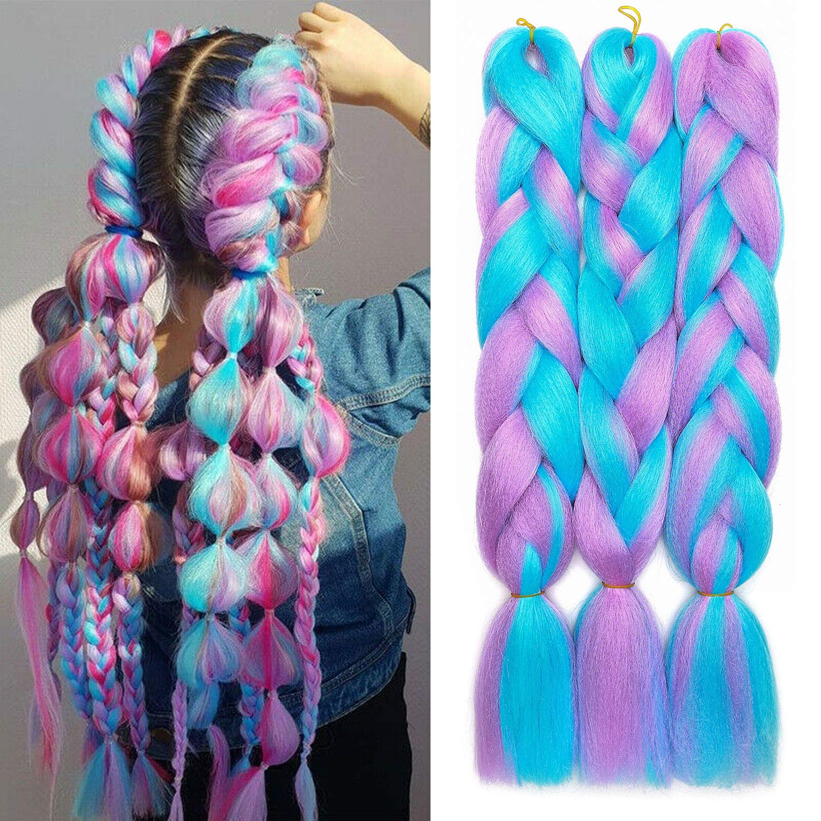 3 Pcs /300g 24'' Two Ombre Jumbo Braiding Hair Synthetic Braid Hair Extensions Sky Blue mix Light Puple
