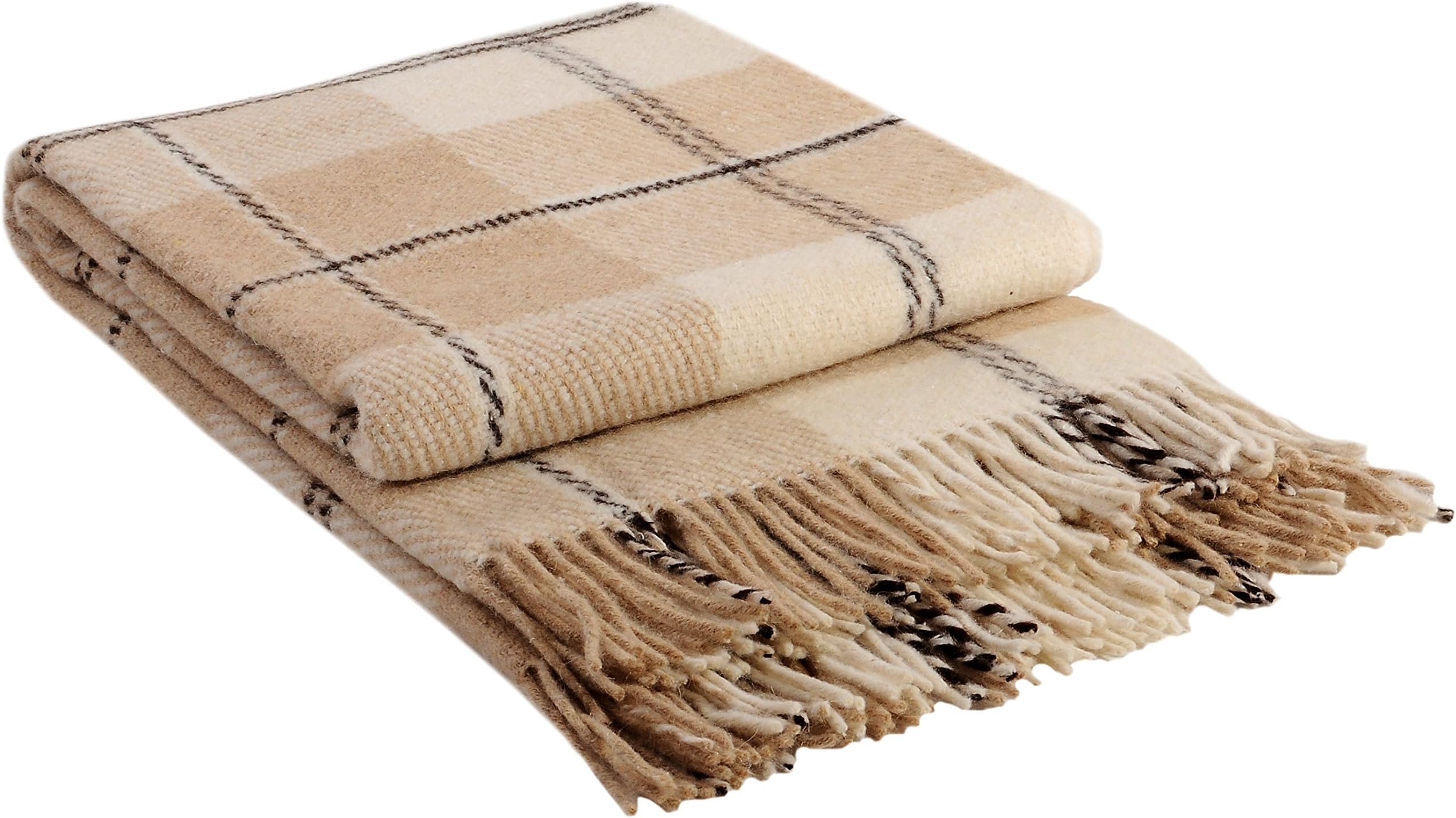 CG HOME Wool Plaid Blanket Throw Tartan with Fringe | Warm and Luxurious, Large, Soft, Thick | for Winter Comfort, Home & Exterior Decor | 79”x87” Full Size Bed | 3.7 lbs | Beige