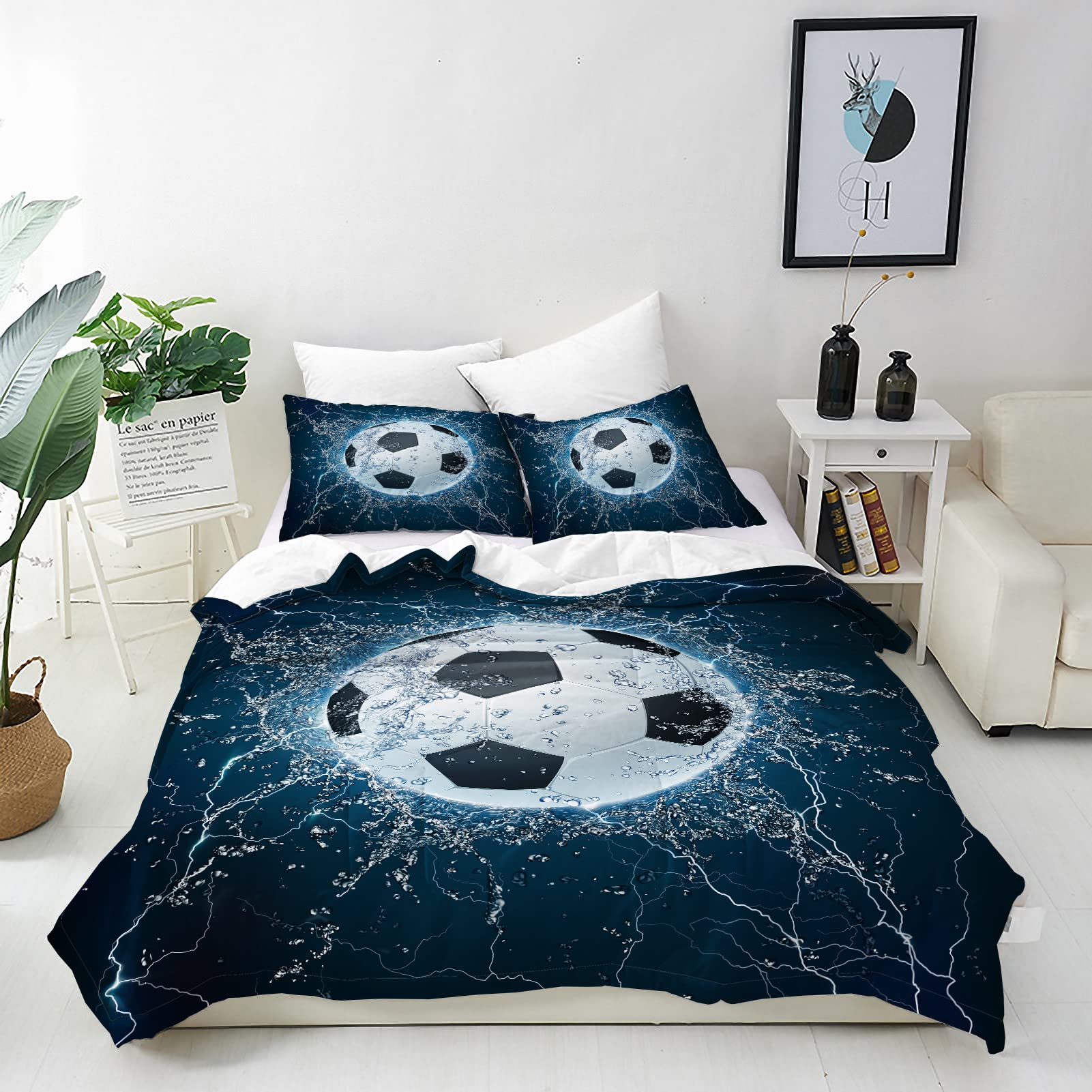 ANHOPE Football Duvet Cover Set Soft Lightweight 3 Piece Bedding Set with 2 Pillowcase Sports Theme Ball Soccer Print Pattern Kids Boys Girls Teens Men Quilt Cover with Zipper Single Size 135 x 200 cm — image 1