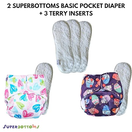 Basic by Superbottoms - 2 Certified Soft Fleece Lined Pocket Diapers with Terry Inserts with Snaps (Assorted Prints) and Set of 3 Terry Inserts Separately (Non Stay Dry)