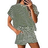 Tankaneo Womens Striped Summer 2 Piece Short Sets Short Sleeve T Shirts Drawstring Shorts Casual Outfits Lounge Pajama Sets
