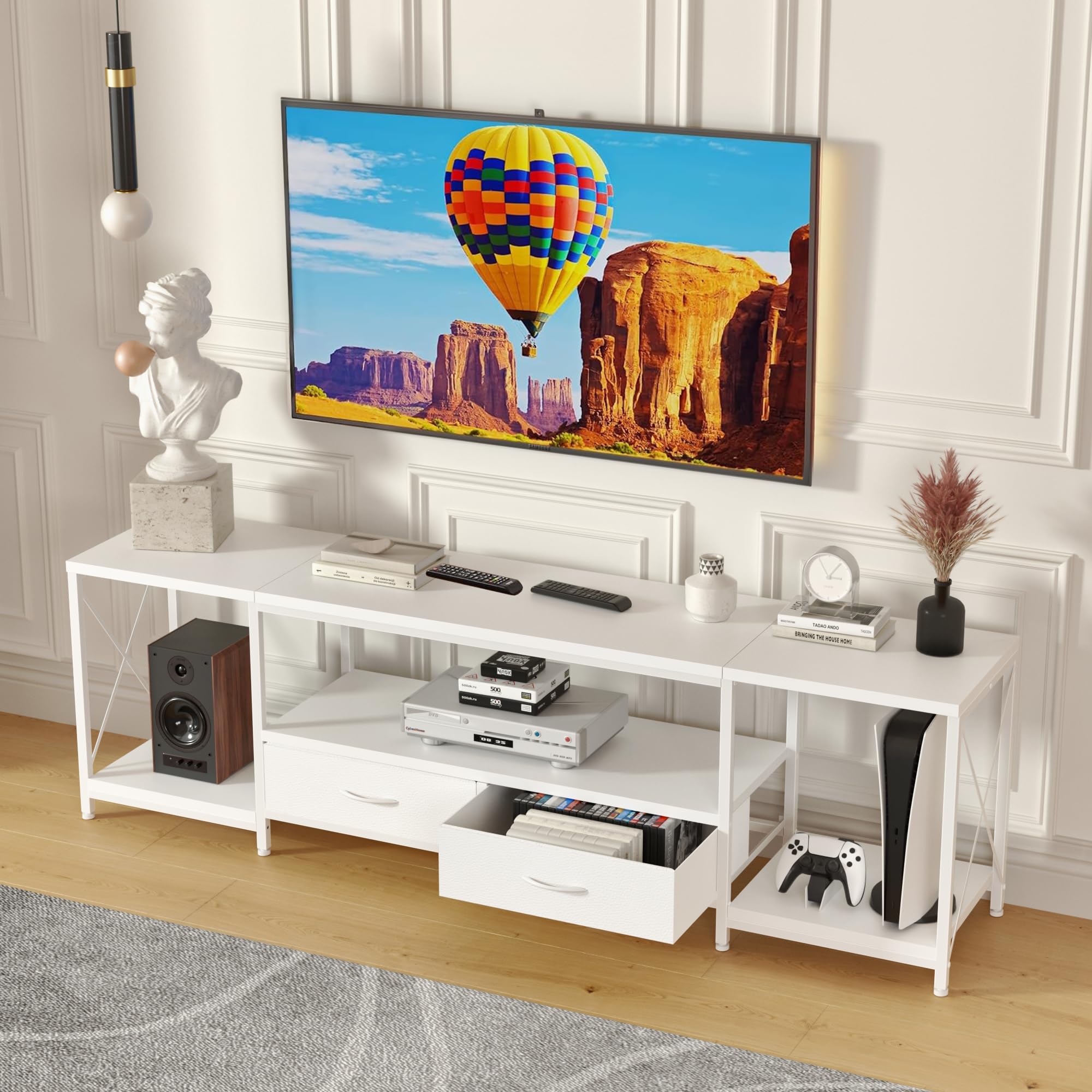 GYIIYUO TV Stand with Fabric Drawers for 55 60 65 Inches TV - Entertainment Center and Industrial TV Console Table with Open Storage Shelves for Living Room, Bedroom - 55.1" White Image
