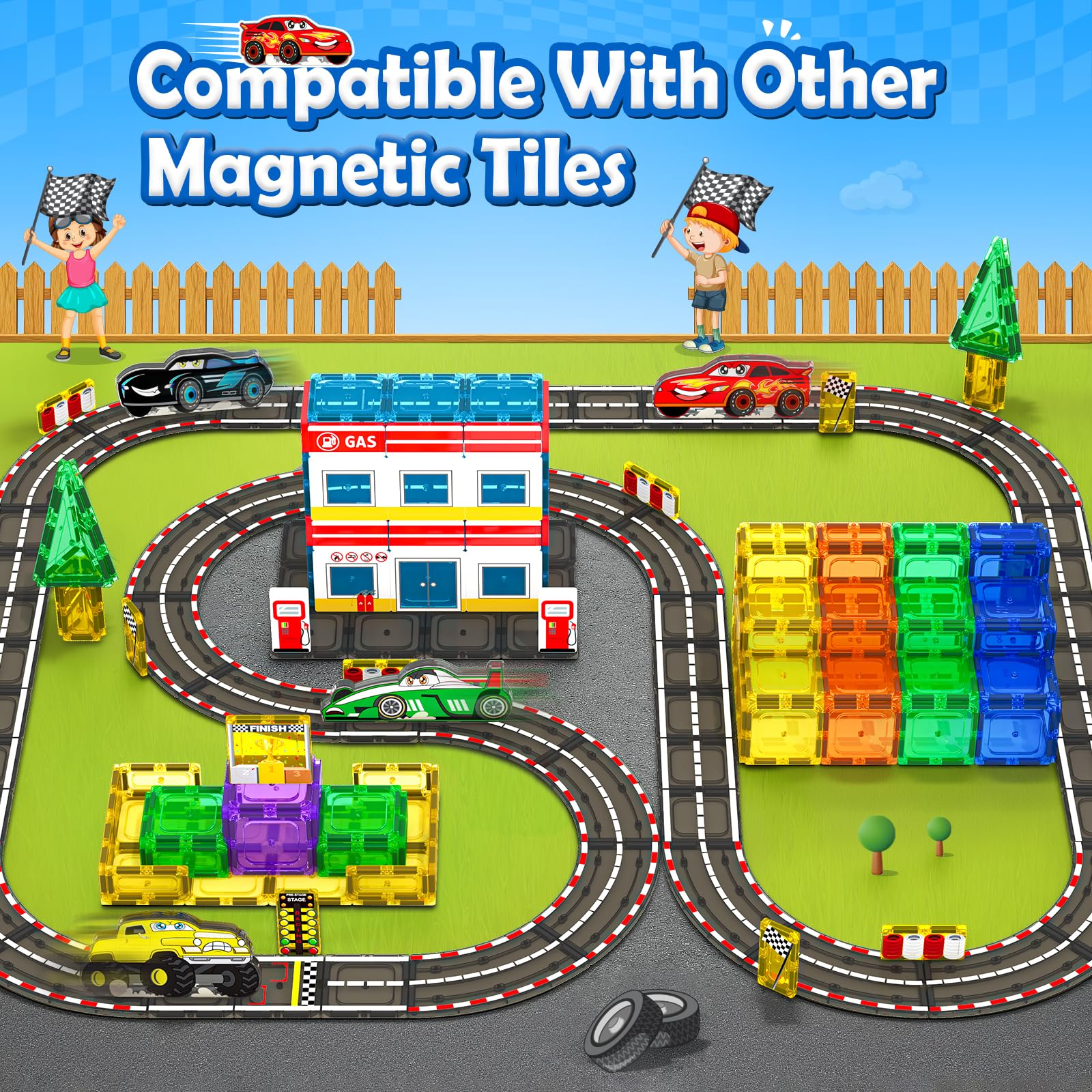 IGIVI Magnetic Tiles Racing Track & Road Expansion Set with Magnet Car, Magnetic Block Building Toys Games for Toddler Kids, STEM Montessori Toys for 3+ Year Old Boys & Girls, Car Lovers Must Haves