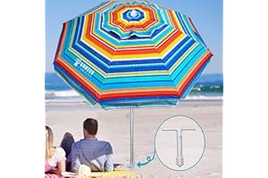 AMMSUN 6.5 ft Beach Umbrellas for Sand Heavy Duty Wind Portable, Outdoor Umbrella with Sand Anchor & Carry Bag, UV 50+ Protec