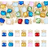 Sparkeads 30 Pcs Alloy Glass Charms Square with Bowknot Charm Golden Faceted Crystal Beads Assorted Gemstone Rhinestone for Jewelry Making Supplies DIY Crafts Dangle Bracelets Necklace Earring Adults