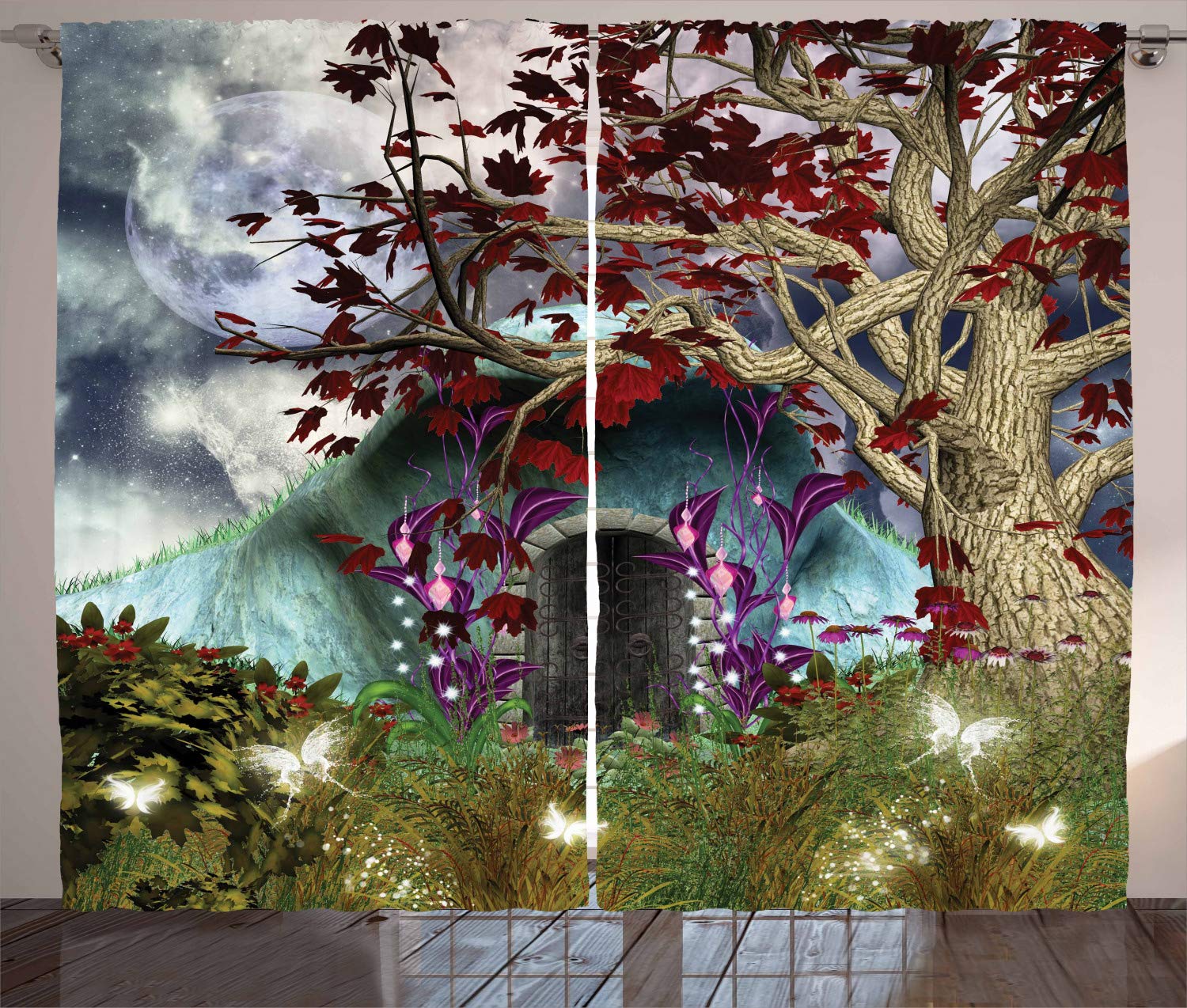 ABAKUHAUS Forest Curtains, Dark Gothic Themed Fairytale Scene with Magic Tree and Secret Cave Illustration, Living Room Bedroom Window Drapes 2 Panel Set, 280 x 175 cm, Bordeaux Red Green — image 1