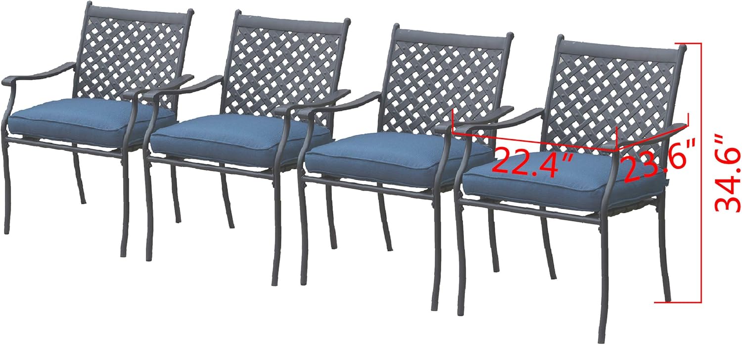 LOKATSE HOME 4 Piece Outdoor Patio Metal Wrought Iron Dining Chair Set with Arms and Seat Cushions - Blue : Garden & Outdoor