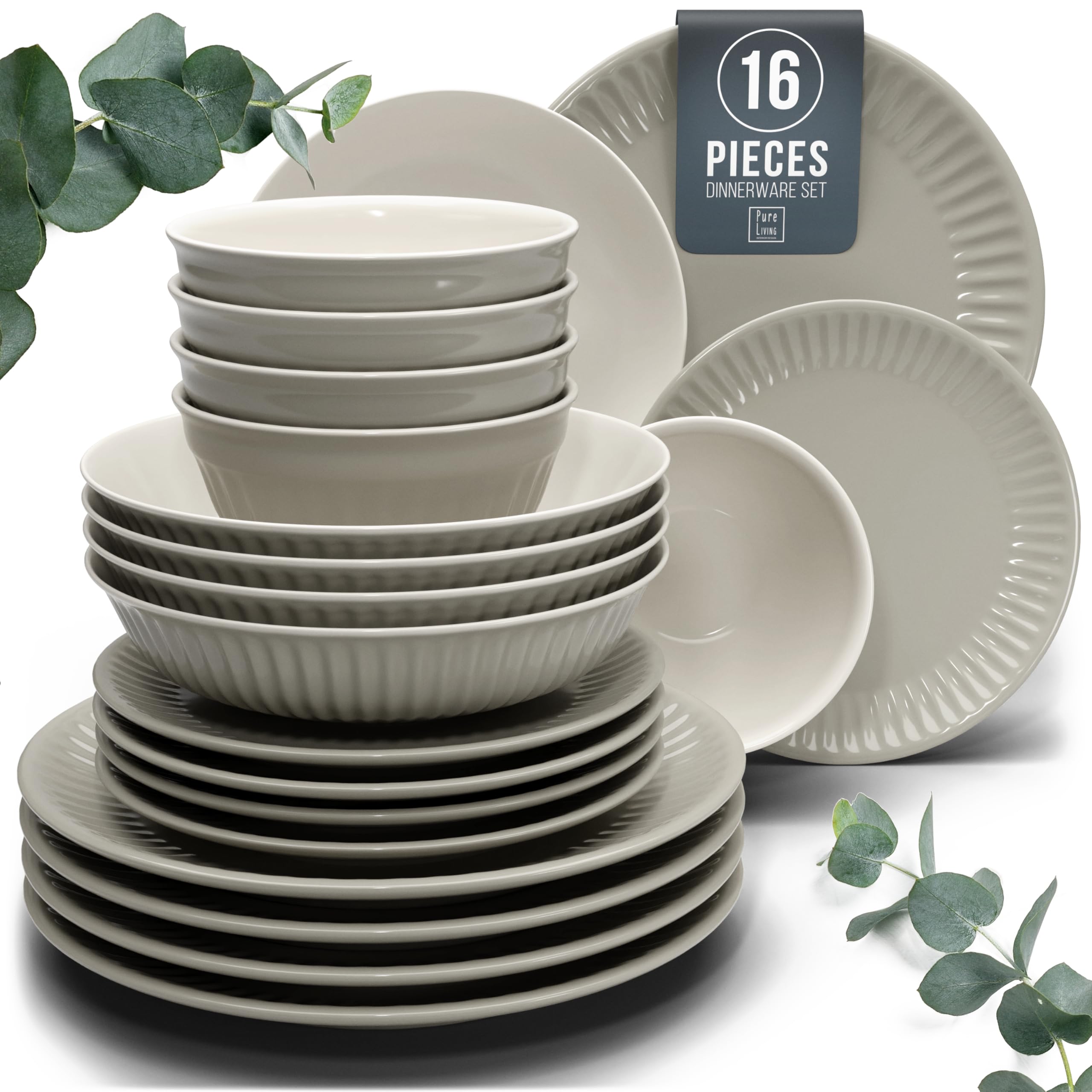 Stoneware Dinnerware Set for 4 People HYGGE 16-Piece - Elegant Scandi Design - Premium Dish Set - Bowl and Plate Set - Tableware for 4 People in a Ribbed Design - Pure Living in Light Brown Image
