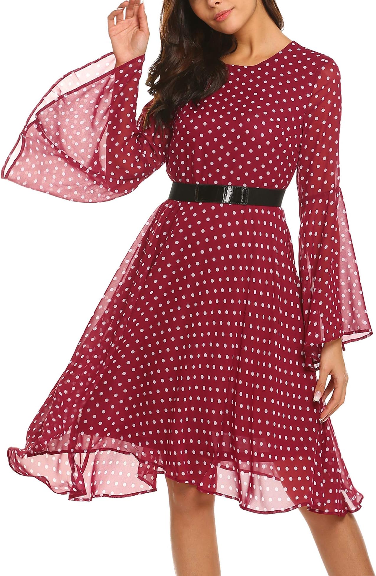 Hersife Women Polka Dot Flare Long Sleeve Casual Chiffon Swing Dress w Belt