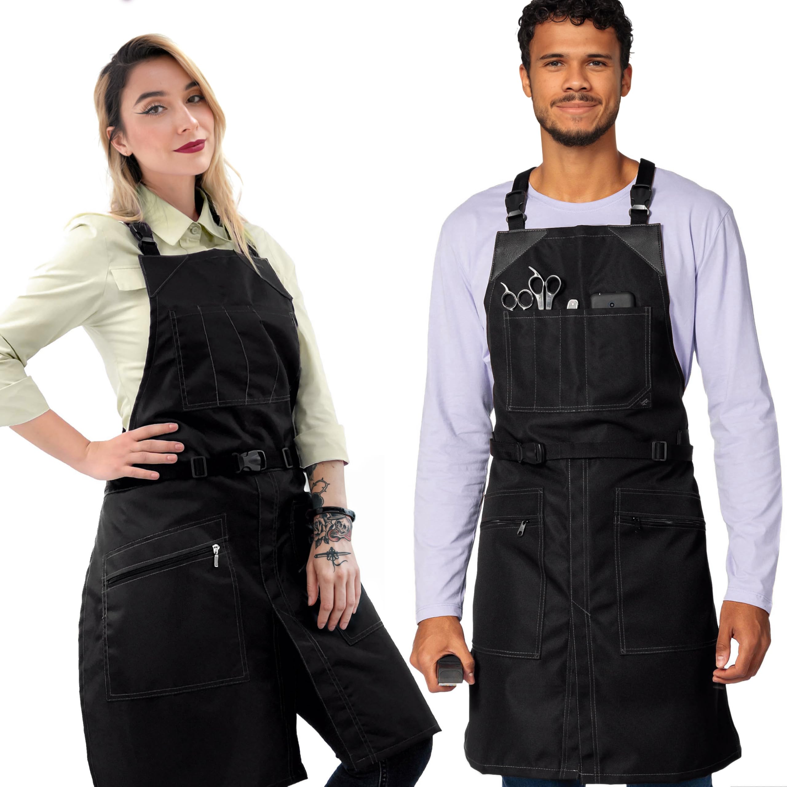 Under NY Sky Cross-Back Barber Black Apron – Heavy-Duty Nylon, Water and Chemical Resistant, Zipped Pockets, No-Tie, Split-Leg – Adjustable for Men, Women – Pro Hair Stylist, Salon, Colorist, Artist