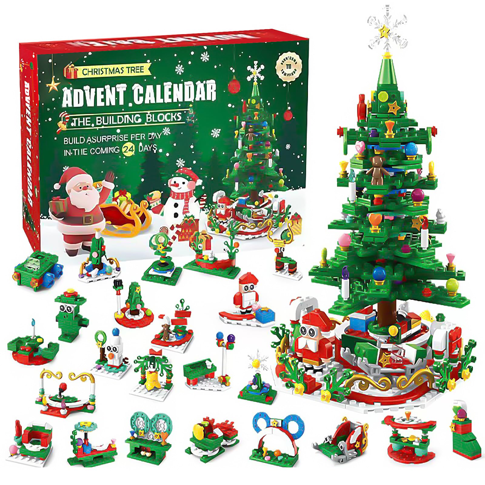 Advent Calendar 2025, 24 Days Countdown Building Blocks Kids Toys, Christmas Tree Building Toys, 24-in-1 Toy Playset Includes Santa Claus Christmas Tree Snowman Reindeer for Boys Girls
