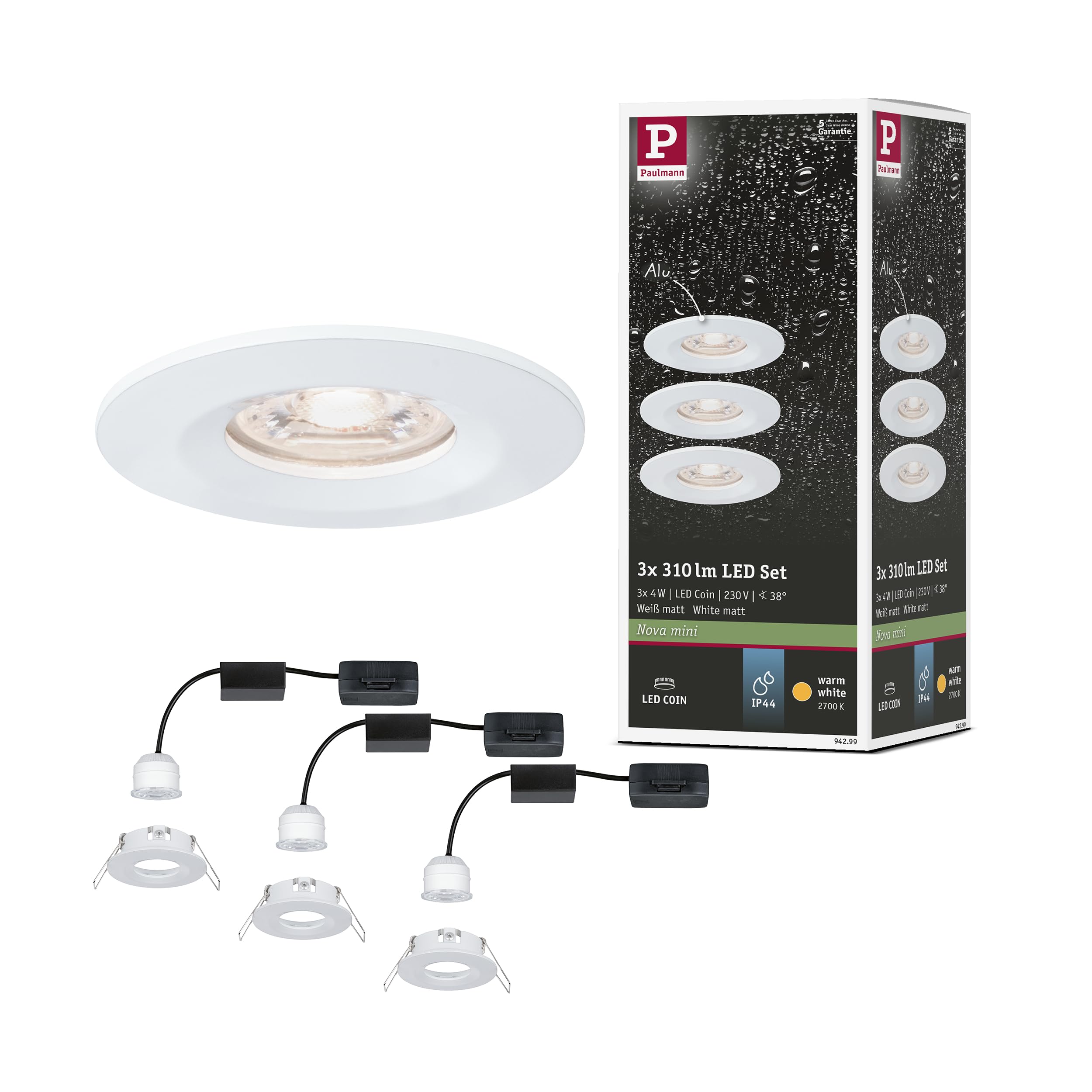 Paulmann 94299 Nova mini LED recessed luminaire Coin Round Rigid incl. 3x4 watt recessed Ceiling Spotlight White matt recessed lamp Aluminium Warm White 2700 K