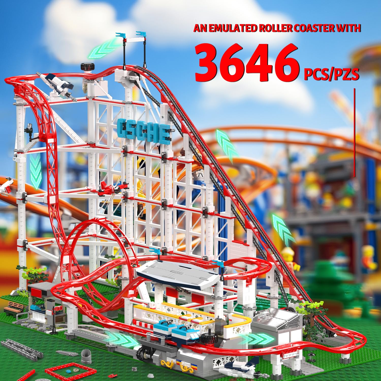 Mould King 11014 Looping-Achterbahn Bausteine Spielzeug, 3646 Teile Expert Loop Coaster Bauspielzeug, Vergnügungspark Untersetzer Klemmbausteine Technik mit Motor, Rollercoaster Modell für Erwachsene 2