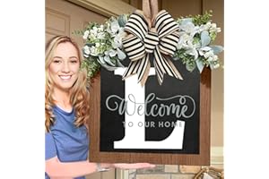 YOSTYLE 2024 New Last Name Year Round Front Door Wreath with 26 Initial Letter Welcome Sign, Eucalyptus Garland, and Bow | Spring Wreaths for Front Door Decor | Outdoor Hanger Garland (L)
