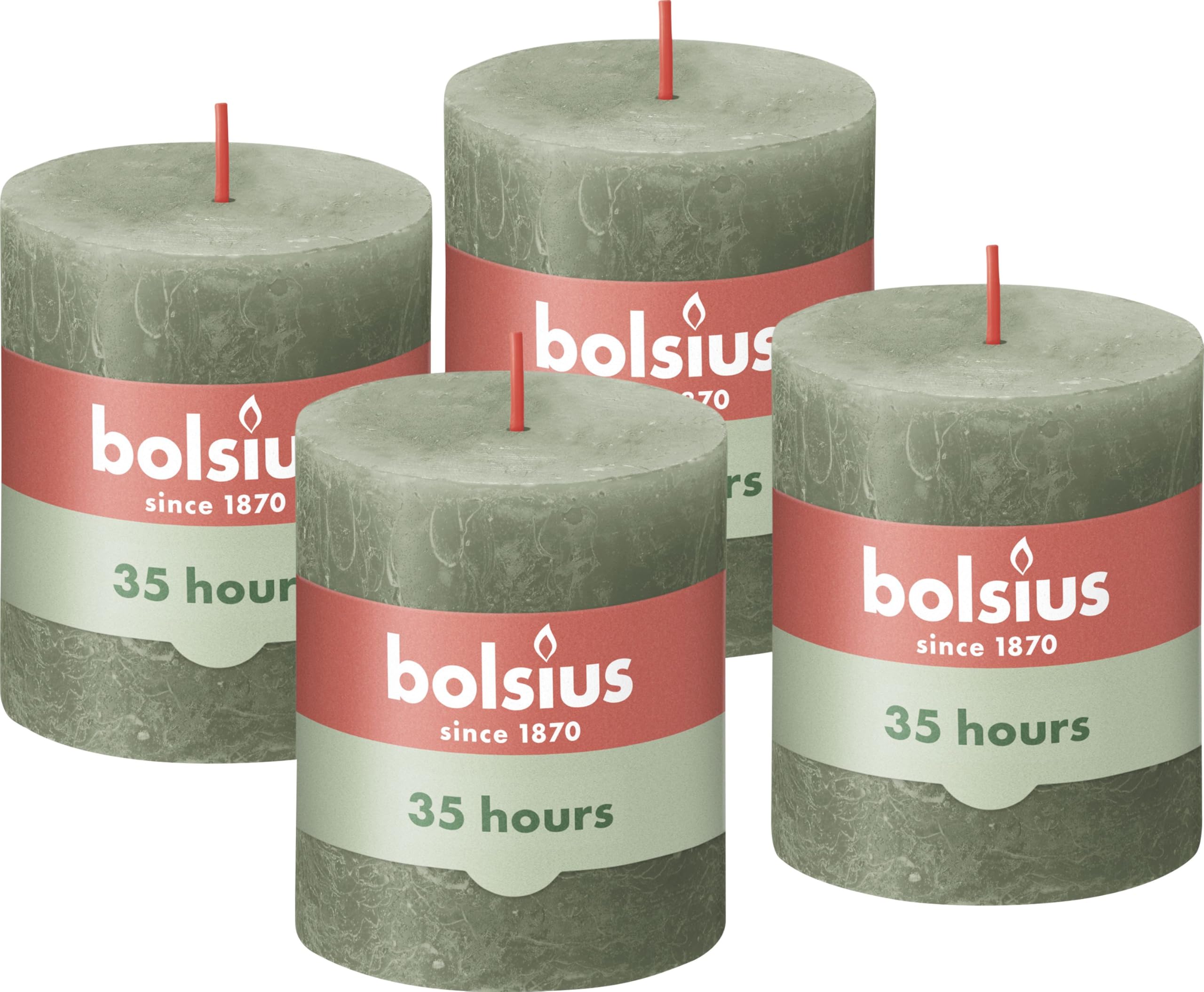 Bolsius Rustic Pillar Candle - Dark Green - Pack of 4 - Long Burning Time of 35 Hours - Household Candle - Interior Decoration - Unscented - Natural Vegan Wax - No Palm Oil - 8 x 7 cm