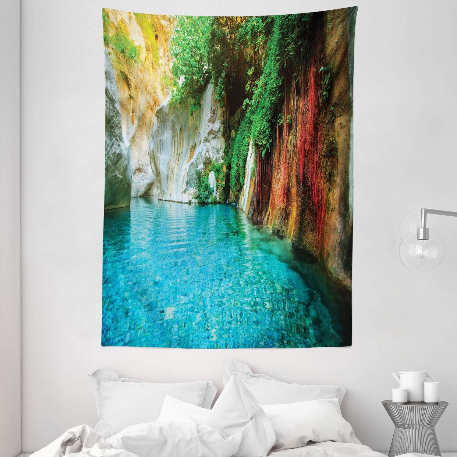 Ambesonne Landscape Tapestry, Isolated Natural Lagoon Cove Clear Water Lake Ivy Colorful Moss Rocks Sunshine, Wall Hanging for Bedroom Living Room Dorm, 60" X 80", Sky Blue