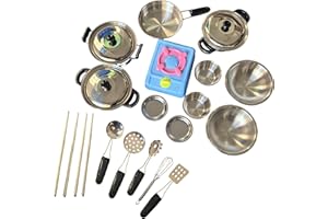 MAGIKON 17-Piece Stainless Steel Pots and Pans Set , Pretend Play Kitchen Cooking Utensils