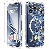 GVIEWIN for iPhone 17 Pro Case Compatible with MagSafe, with Screen Protector Upgraded [Full Camera Protection] [Non Yellowing] Floral Slim Shockproof Clear Women Phone Cover (Aconite/Blue)