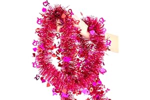 CIPOWM 33FT Valentines Tinsel Garland, Red Pink Metallic Twist Foil Tinsel Garland with Heart Ornament Hanging Heart Garland for Valentines Wedding Birthday Party Indoor Outdoor Decoration