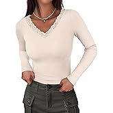 ANRABESS Long Sleeve Shirts for Women Lace V Neck Rib Knit Slim Fit Basic Tee Tops 2025 Casual T-Shirt Going Out Fall Outfits