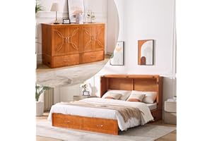 EDWINENE Queen Murphy Bed with Mattress Included, Murphy Bed Cabinet with Drawers and Charging Station for Small Spaces, Home Offices (Circular Pattern, Cherry)