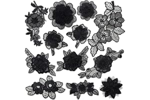 BETITETO 12 Pieces Flower Lace Embroidered Applique 3D Floral Sew On Patches for Clothes Repairing Decorating Wedding Dress DIY Sewing Craft (Black)