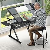 ALYIAMXL Black Drafting Table Desk w/Stool, Painting Table Art Craft Desk Crafting Table with Tilting Tempered Glass Top, 2 Storage Drawers, Height Adjustable