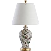JONATHAN Y 24" Multi-Colored/Gold French Country Ceramic Floral Urn Table Lamp, White Linen Shade, Chinoiserie Ginger Jar Bed
