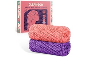 Cleangor 2Pcs African Net Sponge Authentic with Knots - Exfoliating Body Scrubber for All Skin Types, African Bath Sponge, Wash Cloth, Gentle Exfoliation Shower Rag for Women Daily Use(Pink & Purple)