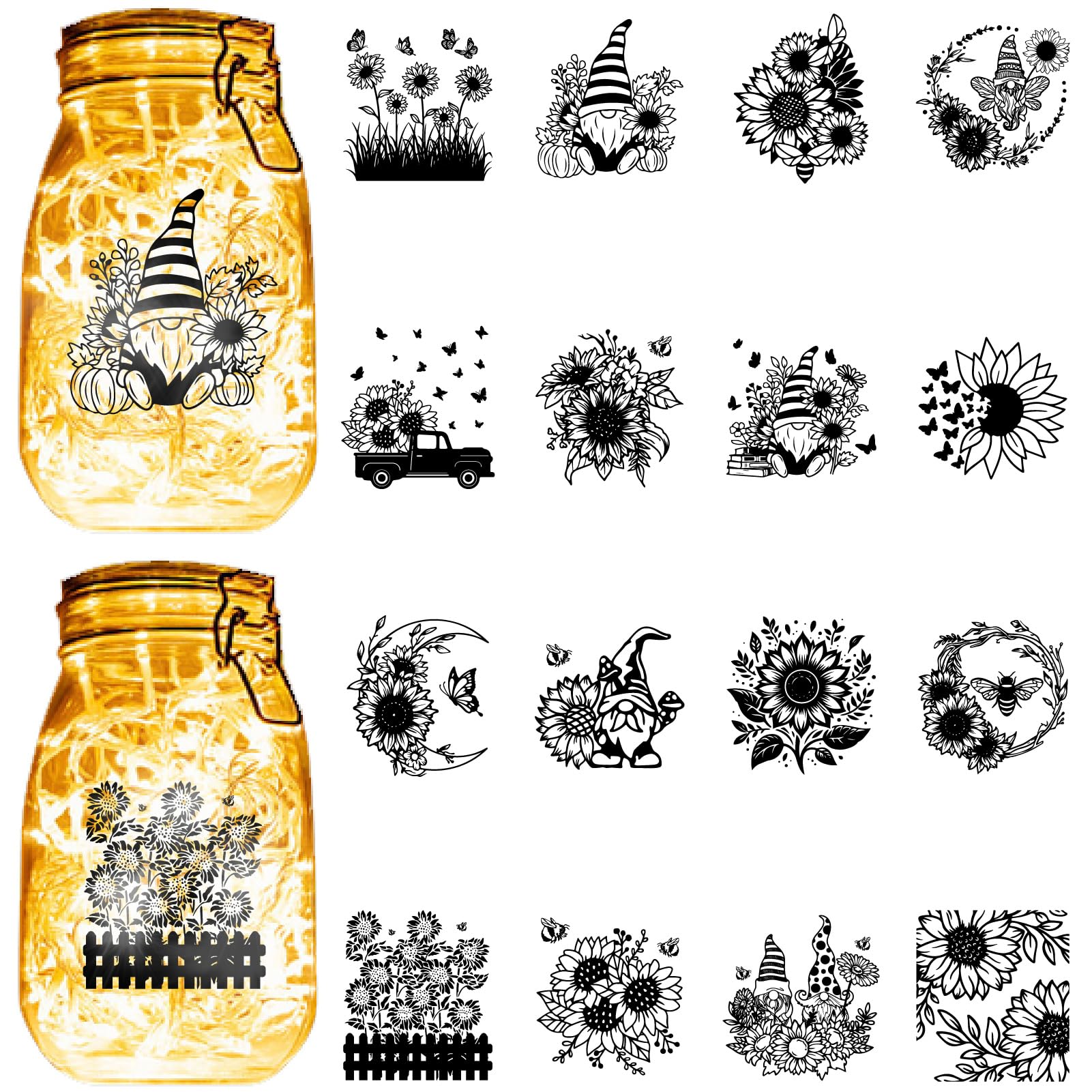 CREATCABIN 16Pcs Sunflower Silhouettes Mason Jar Decor Dwarf Laser Cut Cardboard Scrapbook Cutouts Die Cuts Embellishments PVC for Crafting Lantern Jars Wall Painting Glass Phones-No Sticker 4x3.5Inch