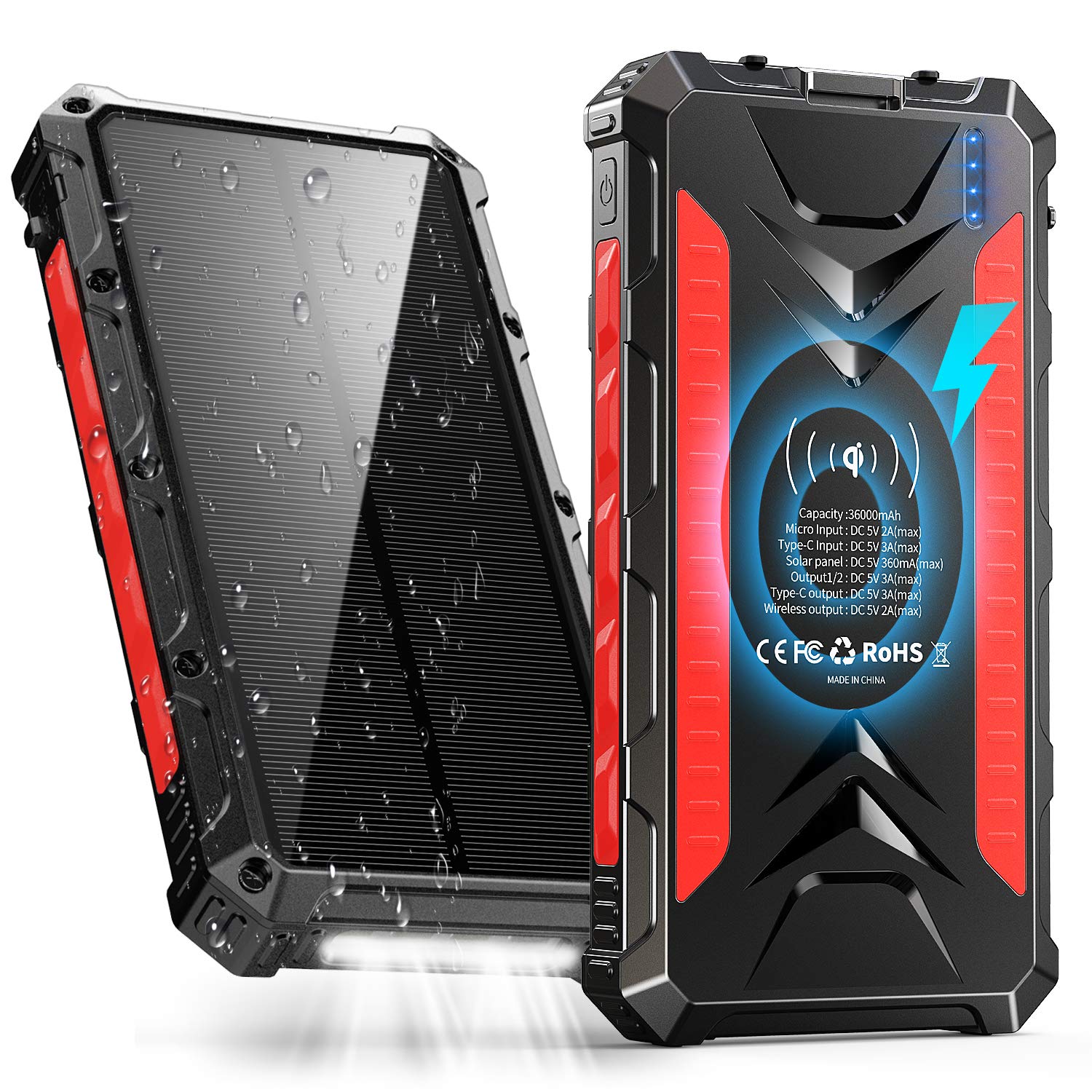 Solar Power Bank 36000maAh, QI Wireless Outdoor Waterproof Portable Solar Charger with 3 Outputs & Dual Inputs & LED Flashlight, External Backup Battery Huge Capacity Phone Charger for iOS Android