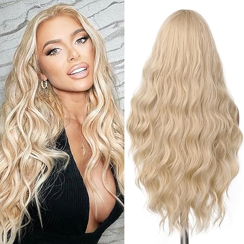FAVE Long Blonde Wig Wavy Synthetic Wig Platinum Blonde Wig Middle Part  Natural Blonde Wig Wigs for White Women(28 Inches) in Kuwait Whizz Wigs