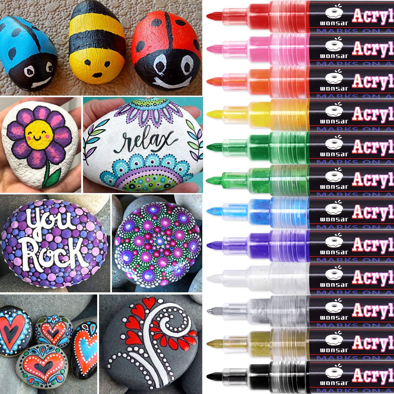 wonsar Acrylic Paint Pens for Rock Painting Stones Ceramic Porcelain Glass Pebbles Fabric Wood Kids DIY, Canvas (12 Fine Tip)