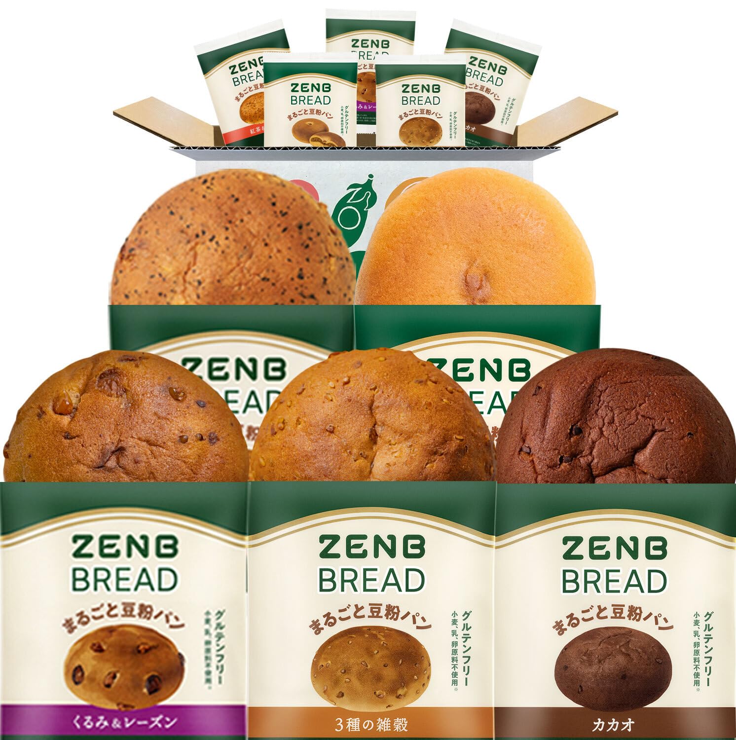 【糖質オフの豆粉パン】ZENB ゼンブ ブレッド グルテンフリー 5種10個 (くるみ＆レーズン・カカオ・3種の雑穀・紅茶＆オレンジ・きなこ あんぱん 各2個) [ 糖質オフ 糖質制限 糖質コントロール 腸活 時の 食物繊維 補給に ダイエット 時の栄養補給に 置き換え ロングライフパン たんぱく質 食物繊維 鉄分 ビタミンB1 非常食 小腹がすいた時に食べる 常温保存 長期保存 ] の商品画像
