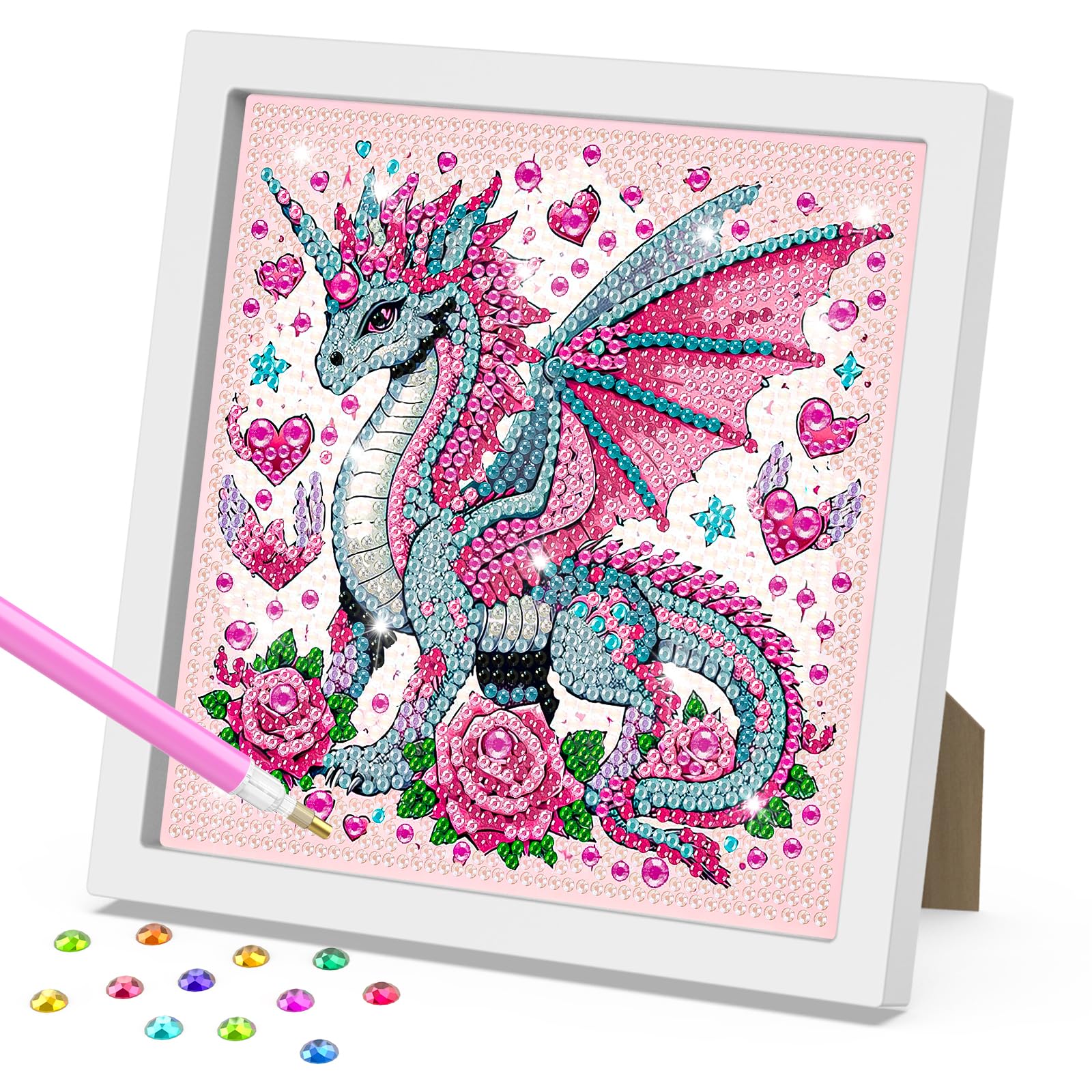 DOMROM Diamond Painting Kit With Frame for Kids Ages 6-10, Dragon Art DIY Mosaic Gem Kit, Easy Crafts for Girls Boys Adult Gift Home Decor