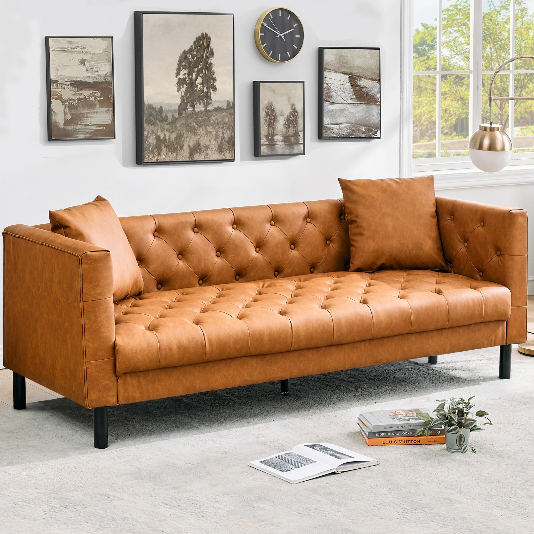 Photo 1 of *MINOR TEAR* GarveeHome 81 Inch Leather Couch for Living Room, Modern Leather Sofa with Deep Seat, Handmade Button Tufted 3 Seater Sofa, Chesterfield Couch for Apartment, Office