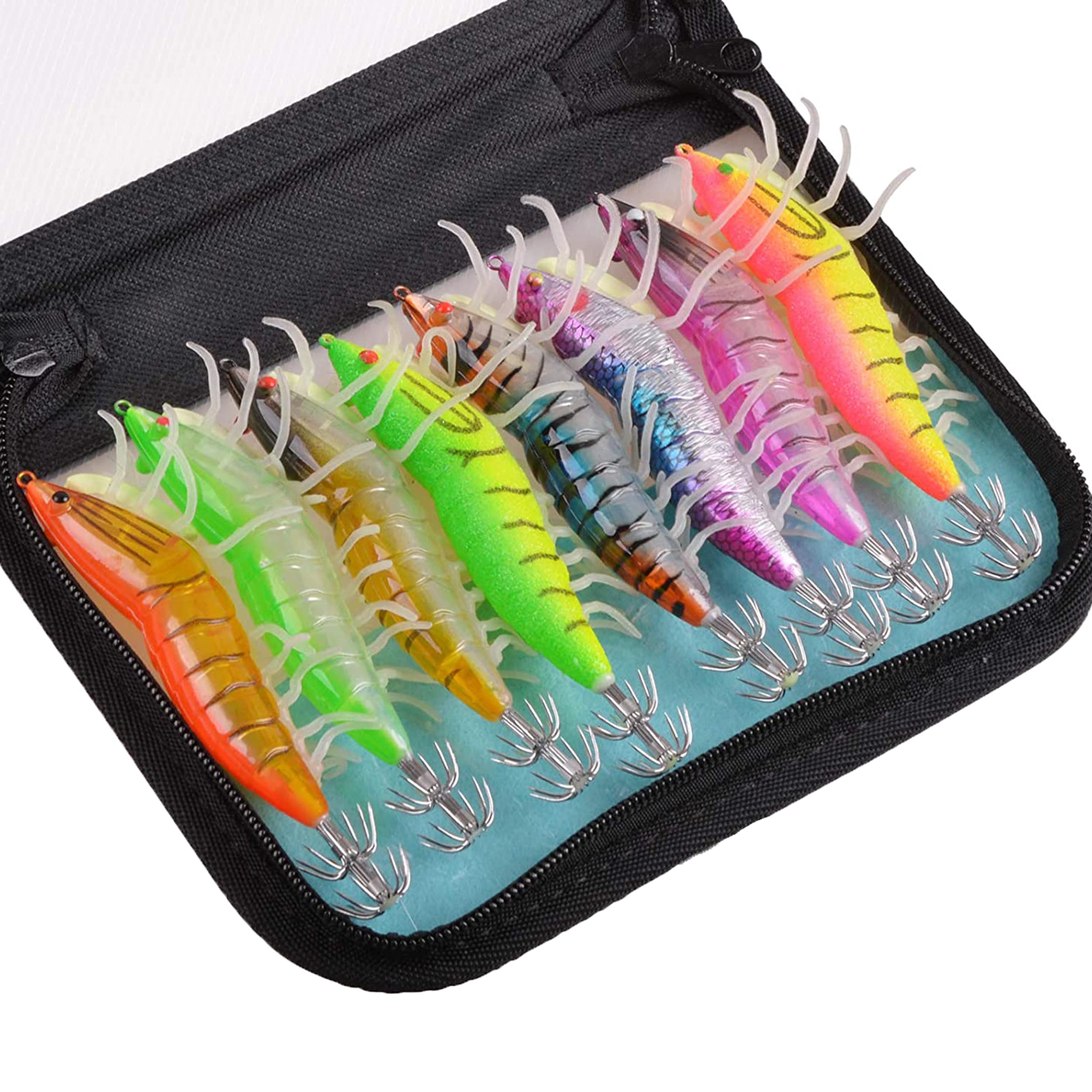 Luminous Squid Jig Saltwater Squid Lures, 8pcs Artificial Fishing Lure Baits with Luminous Legs, Glow Shrimp Prawn Lures Cuttlefish Sleeve Octopus Jigs Kit with Storage Bag