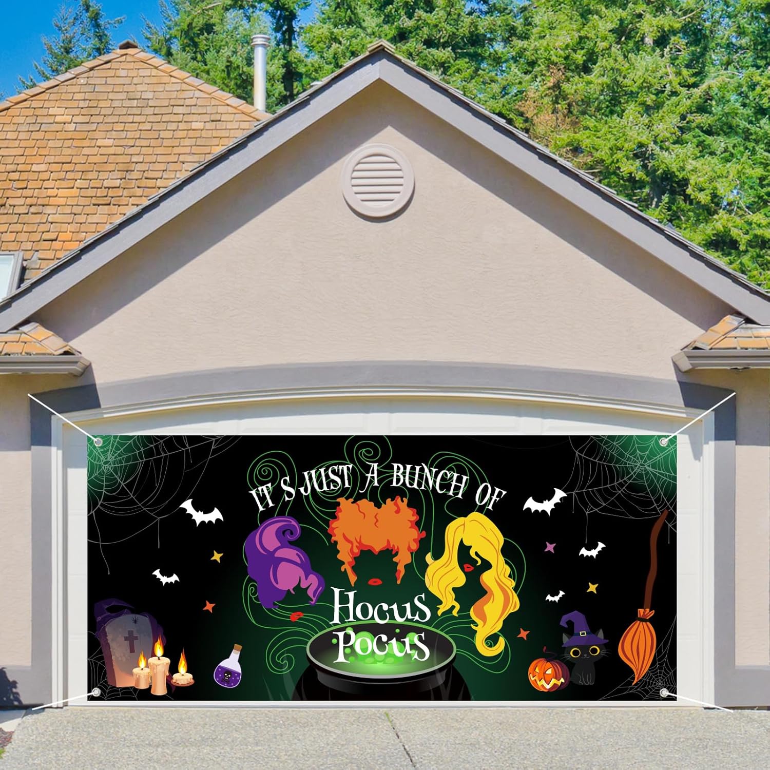 Garage Door Decorations - AnyDesign Hocus Pocus Garage Door Banner Halloween Witch Garage Door Cover 6 x 13 Ft Large Backdrop Banner Halloween Party Background Sign for Indoor Outdoor Wall Door House Decor