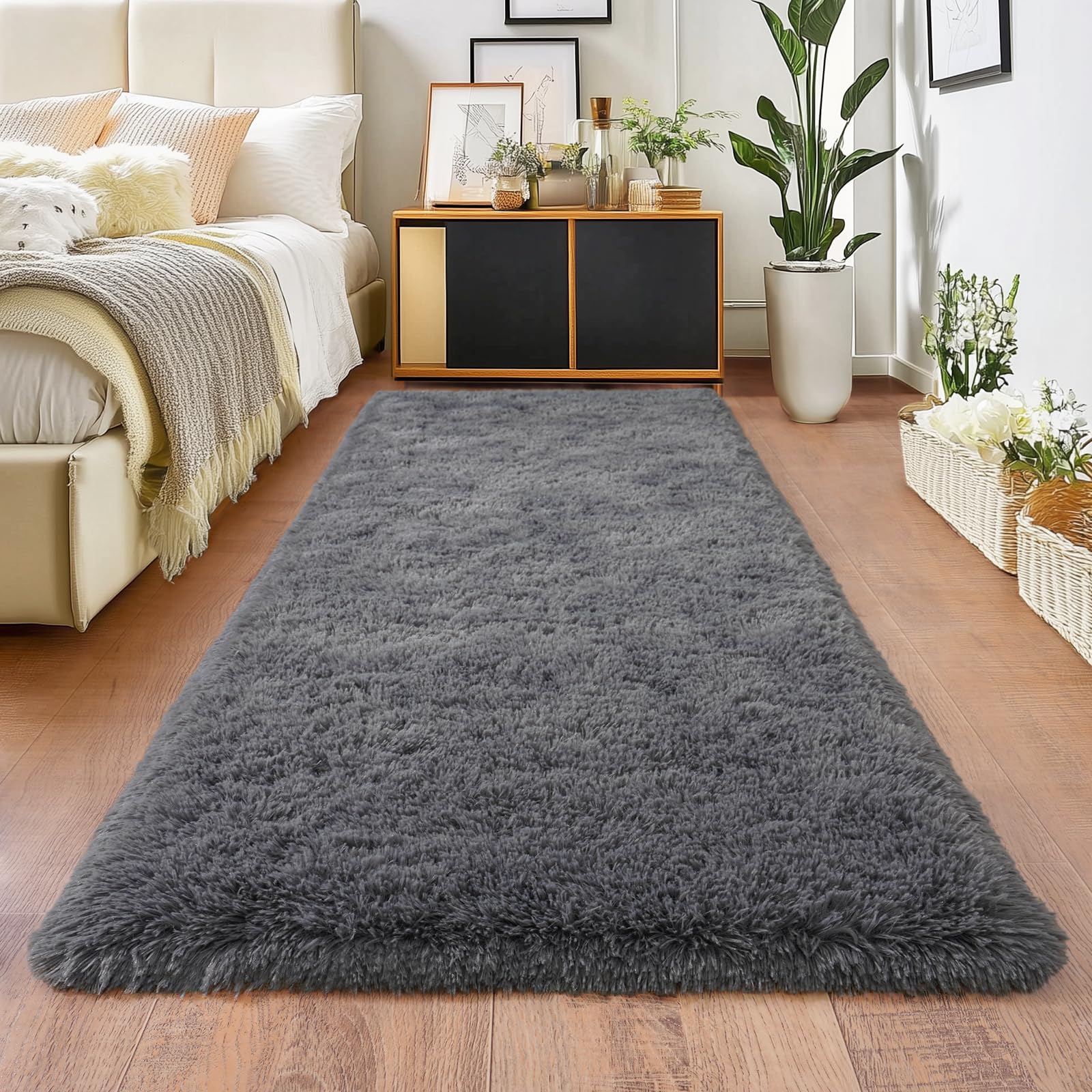 Photo 1 of Deep Grey Runner Rug for Hallway, Bedroom Bedside Plush Rugs, Non Slip Fluffy Shaggy Carpet for Kids Home Decor, Dorm Nursery 2x6 Ft