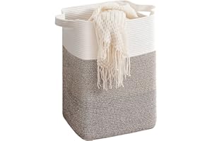 CLHMILY&Z 75L Laundry Hamper Rectangular Cotton Rope Basket - 16x13x22 Inches - Durable and Soft Storage Bin for Clothes, Toys, and Nursery Essentials, Brown & White