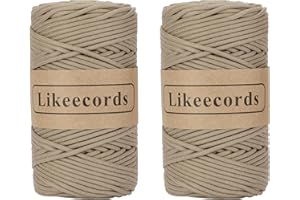 Likeecords 2 Skeins of Braided Macrame Cotton Cord 3mm x 100m,Macrame Rope, 100% Cotton Rope Macrame String,Colorful Cotton Craft Cord for Bag,Wall Hanging, Plant Hangers, Crafts, Knitting（Coffee）