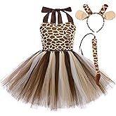 Girls Jungle Themed Dress Animal Tutu Dress Christmas Birthday Party Outfit 3pcs with Ears Headband Tail Accessories Baby Girl Giraffe 1-2 Years