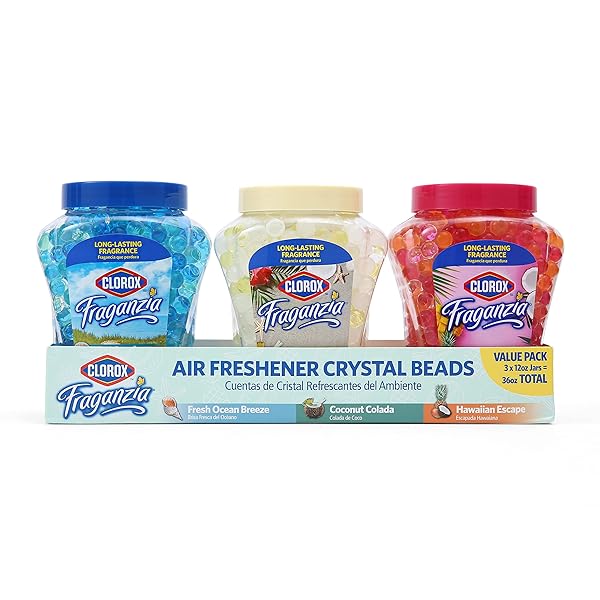 CLOROX FRAGANZIA AIR FRESHENER CRYSTAL BEADS TRIPLE PACK, FRESH OCEAN BREEZE, COCONUT COLADA, HAWAIIAN ESCAPE 12OZ JARS | VENTED JAR AIR SCENT BEADS FOR HOMES, BATHROOMS, CLOSETS, OR OFFICE