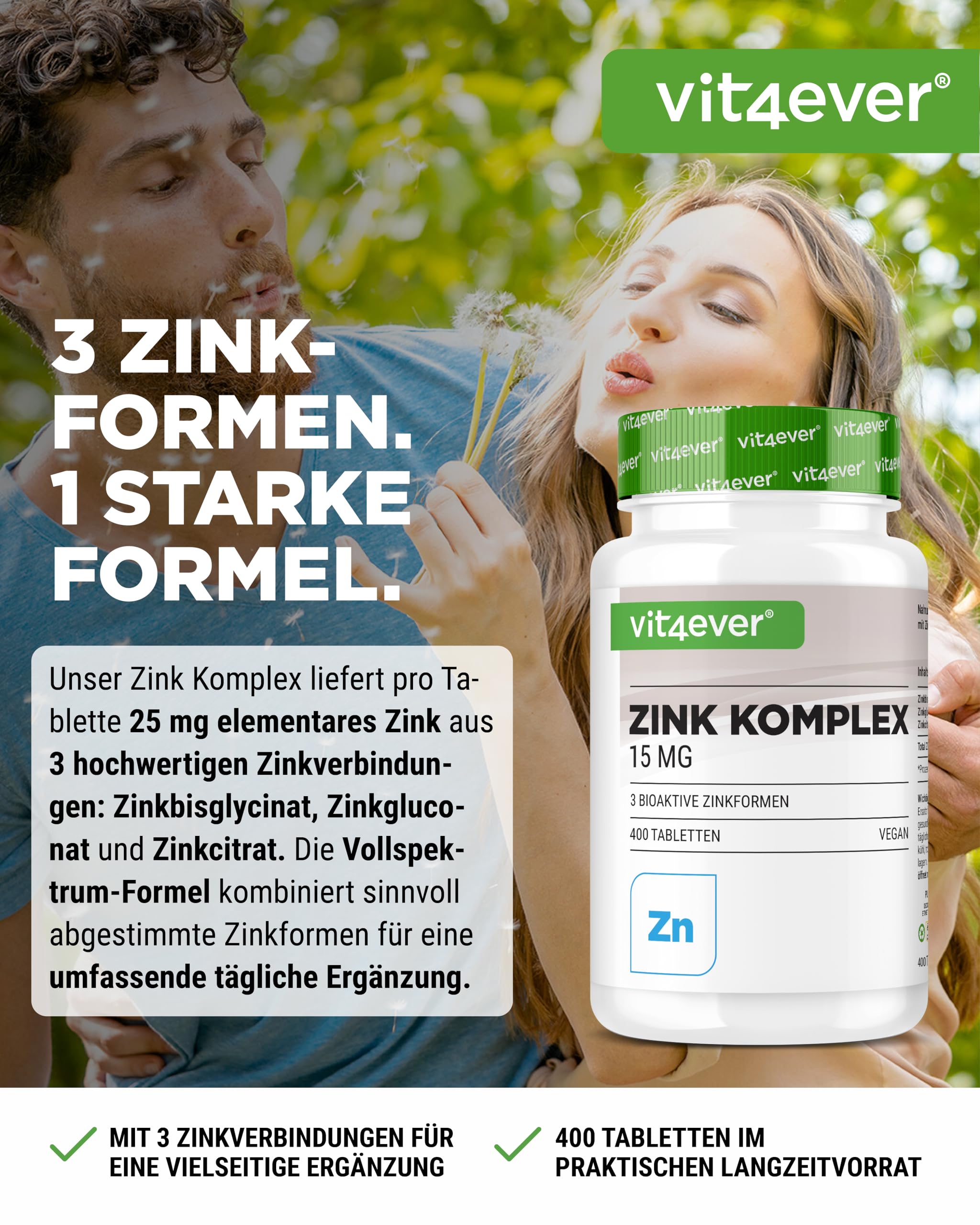 vit4ever Zink Komplex 15 mg - 400 Tabletten - 3 Zink-Formen 2